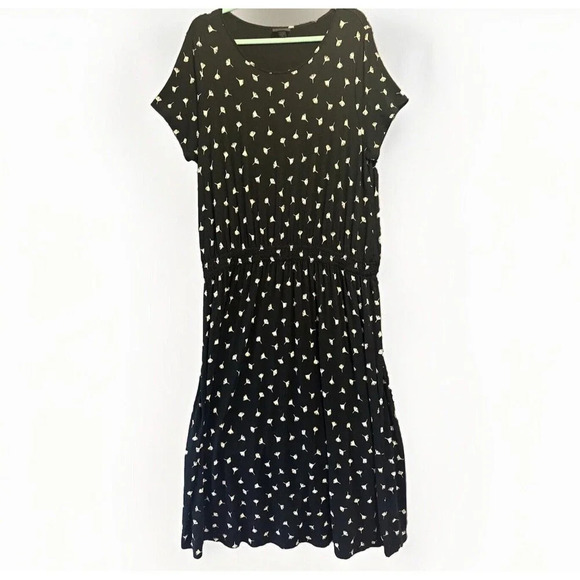 J. Jill Wearever Maxi Dress Size XL Petite Black Elastic Waist All Over Print - Picture 1 of 8